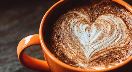 Close-up of coffee with heart-shaped latte art in an orange mug on a wood surfaceの素材