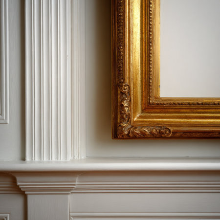 Corner of a room ornate gold frame and white paneling detailsの素材