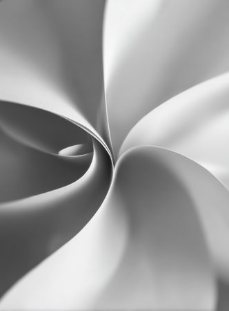 Close-up of curled paper forming an abstract spiral, in grayscaleの素材