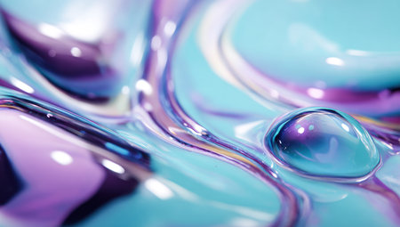 Close-up of glossy, colorful fluid with droplet, iridescent, reflective, abstractの素材