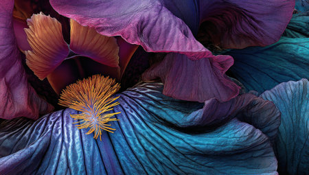 Close-up of iris flower with vibrant purple, teal, and gold petals, showing intricate detailsの素材