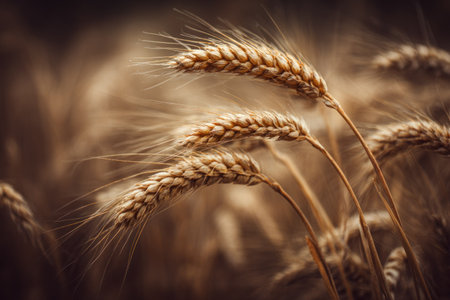 Close-up of golden wheat stalks swaying gently in a soft-focus fieldの素材