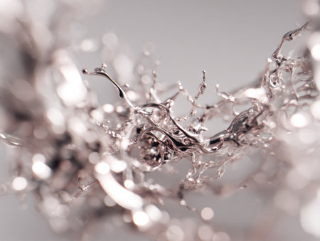 Abstract, close-up shot of a liquid splash frozen mid-air, glistening against a soft backdropの素材