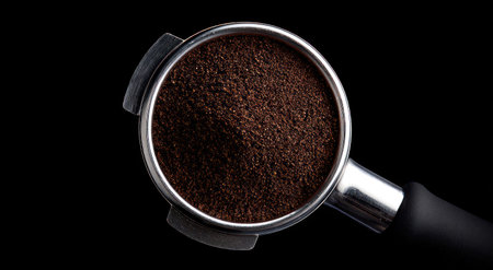 Close-up of a chrome espresso machine portafilter filled with dark, ground coffeeの素材