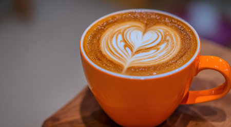 Close-up of a vibrant orange mug of latte with heart-shaped foam artの素材