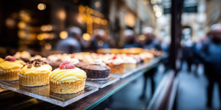 Display of various cupcakes in a shop window, with blurred background of people and lightsの素材