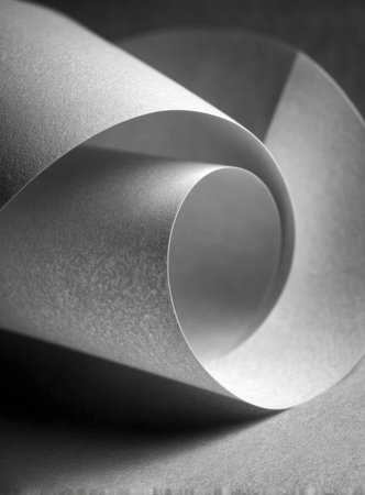 Close-up of curled, off-white paper, creating a graceful, abstract spiralの素材
