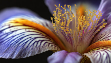Close-up view of an iris flower with intricate patterns and vibrant colorsの素材