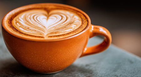Close-up of a warm latte in an orange mug, featuring heart-shaped latte artの素材