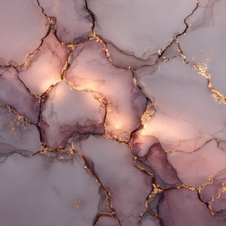Abstract close-up of marble-like texture with rose, gray, and gold veiningの素材