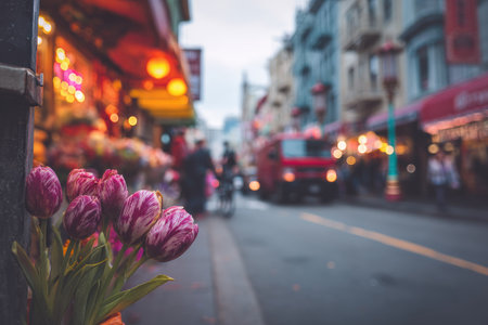 Purple tulips in focus beside a city street, blurred background with buildings, people, and a vehicleの素材