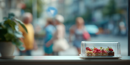 Window display showing cakes, a plant, and a blurred street sceneの素材
