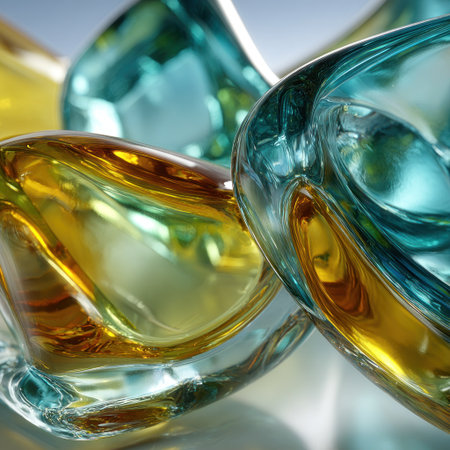 Close-up of fused glass art in shades of yellow, gold, teal, and aqua, with smooth curvesの素材
