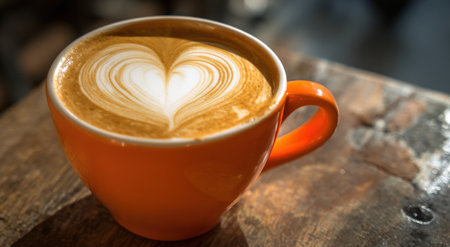 A close-up of a latte in an orange mug with heart-shaped foam on a wooden surfaceの素材