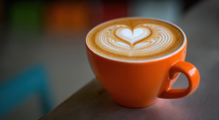 Close-up of coffee with heart-shaped foam art in an orange mug. Blurred backgroundの素材