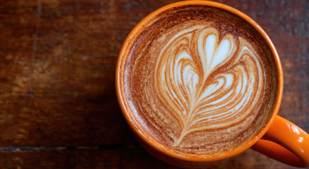 Overhead shot of an orange mug filled with a coffee drink featuring latte art on woodの素材