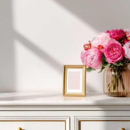 Elegant still life peonies in vase, gold frame, on white dresser, natural lightの素材