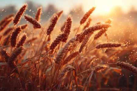 Golden field of wheat, illuminated by the warm, radiant sunlightの素材
