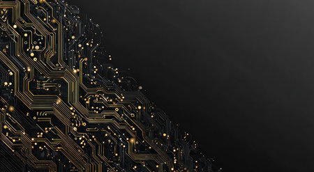 Gold and black circuit board design angled against a dark grey background with glowing dotsの素材