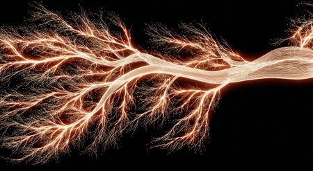 Glowing abstract artwork of a branching, fibrous structure against a dark backdropの素材