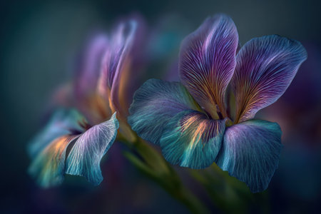 Close-up of iris flowers, with soft focus, showing blue, purple, and yellow huesの素材
