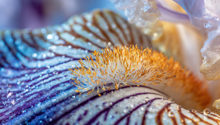 Macro shot of a striped iris petal with water droplets and yellow stamensの素材