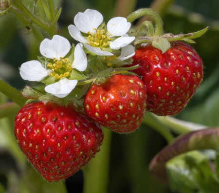 Close-up of ripe red berries, white blossoms, and green leaves on a plantの素材