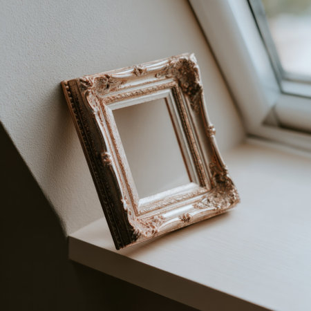 Ornate, empty picture frame leans on a shelf near a window, with natural lightの素材