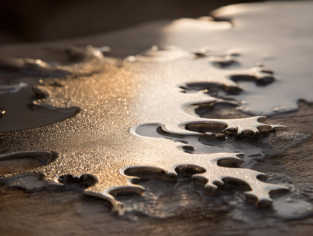 Close-up of reflective wet surface with irregular edges, illuminated by warm sunlightの素材