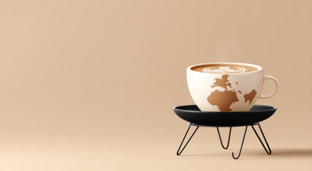 A coffee cup with Earth continents depicted inside, sitting on a small black stand, against beigeの素材