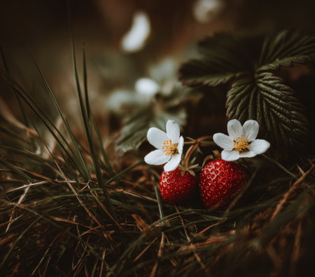 Close-up of ripe strawberries with delicate white flowers amidst green grassの素材