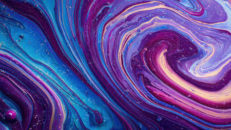 Swirling abstract artwork of vibrant purples, blues, and golds with a marble effectの素材