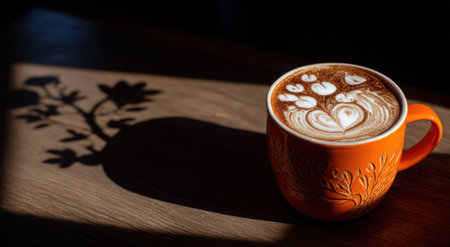 Close-up of coffee with latte art in an orange mug; plant shadow on woodの素材