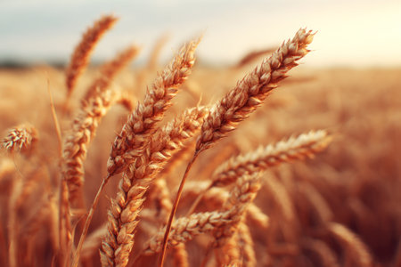 Close-up of golden wheat stalks in a field, basking in warm sunlightの素材