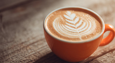 A close-up of a vibrant orange mug holding latte art, set on a rustic wooden tableの素材