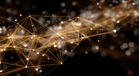 Abstract glowing network of interconnected nodes and lines against a dark background, bokeh effectの素材