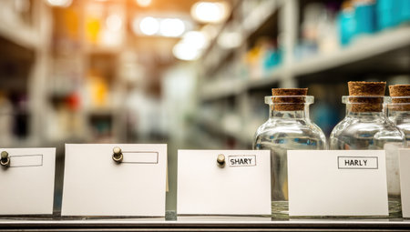 Pharmacy shelf with bottles, index cards, shallow depth of field, and blurred backgroundの素材