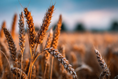 Close-up of golden wheat stalks in a field, basking in warm sunlight at sunsetの素材