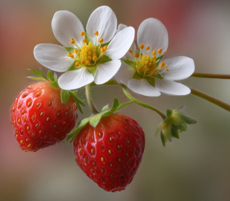 Close-up of ripe strawberries and white flowers with yellow centers and green stemsの素材