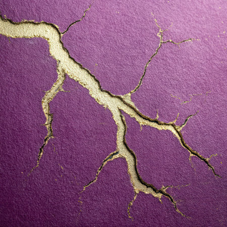 Close-up of textured purple surface with a golden-yellow crack pattern resembling veinsの素材