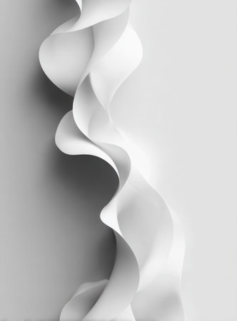 Abstract monochrome rendering of flowing, curved white ribbons against a neutral backgroundの素材