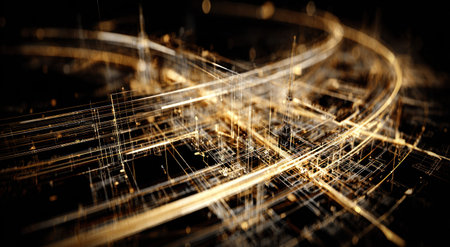 Abstract digital artwork, glowing golden lines and orbs against a dark backgroundの素材