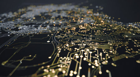 Abstract circuit board with glowing lines and points, suggestive of data flowの素材
