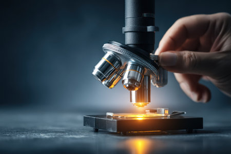 Human hand focusing a bright scientific instrument; dark backgroundの素材