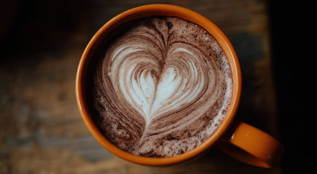 Overhead shot of a heart-shaped design in hot beverage in orange mug on a wooden surfaceの素材
