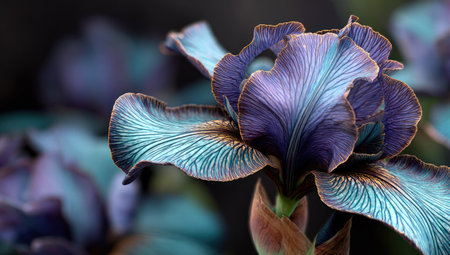 Close-up of a vibrant iris flower with intricate details and a gradient color paletteの素材