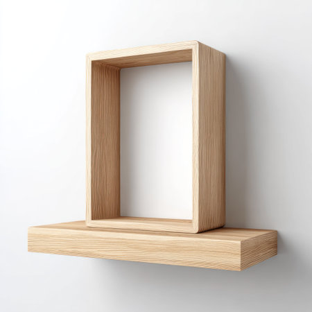 Wooden, rectangular floating shelf with a central, open box on a white wallの素材