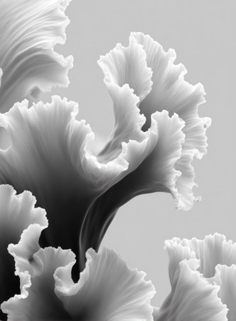 Abstract black and white image of ruffled, flowing shapes with soft edgesの素材