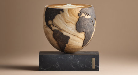 Coffee art in a world map shaped cup, perched on a marble standの素材