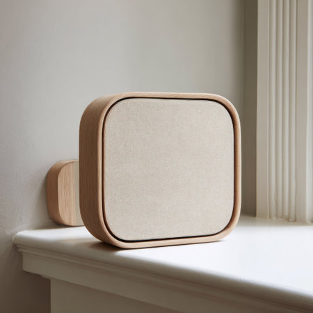 Modern minimalist audio device, wooden frame with neutral screen, perched on windowsillの素材